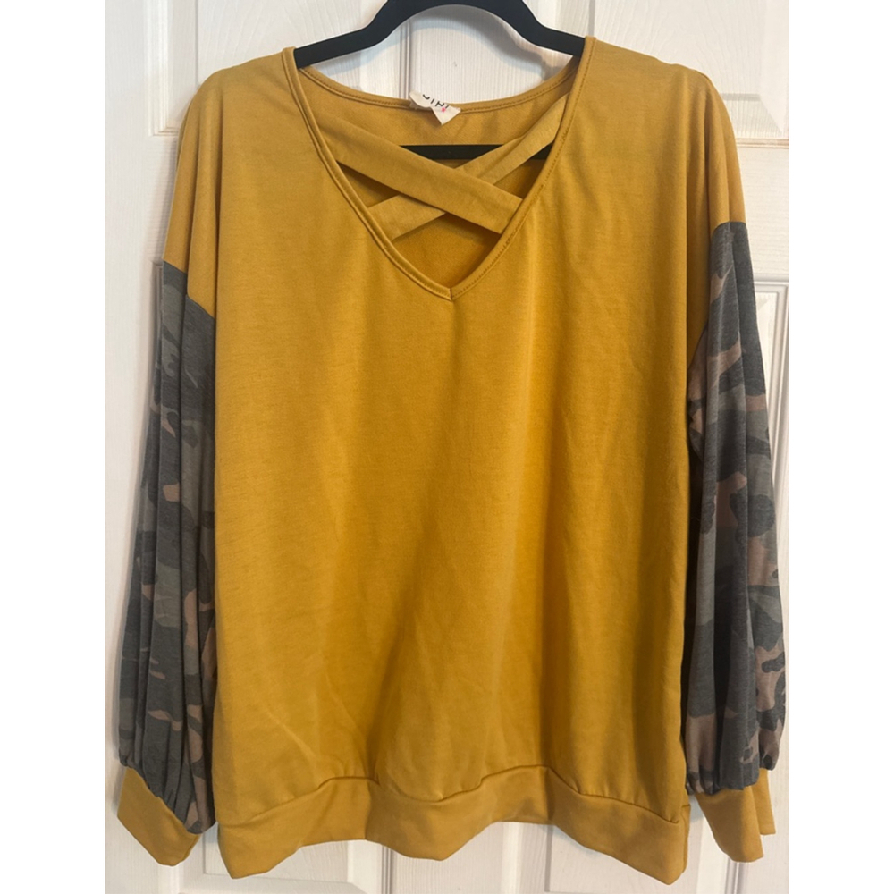 Women's BiBi Mustard Camo Sleeve Top S